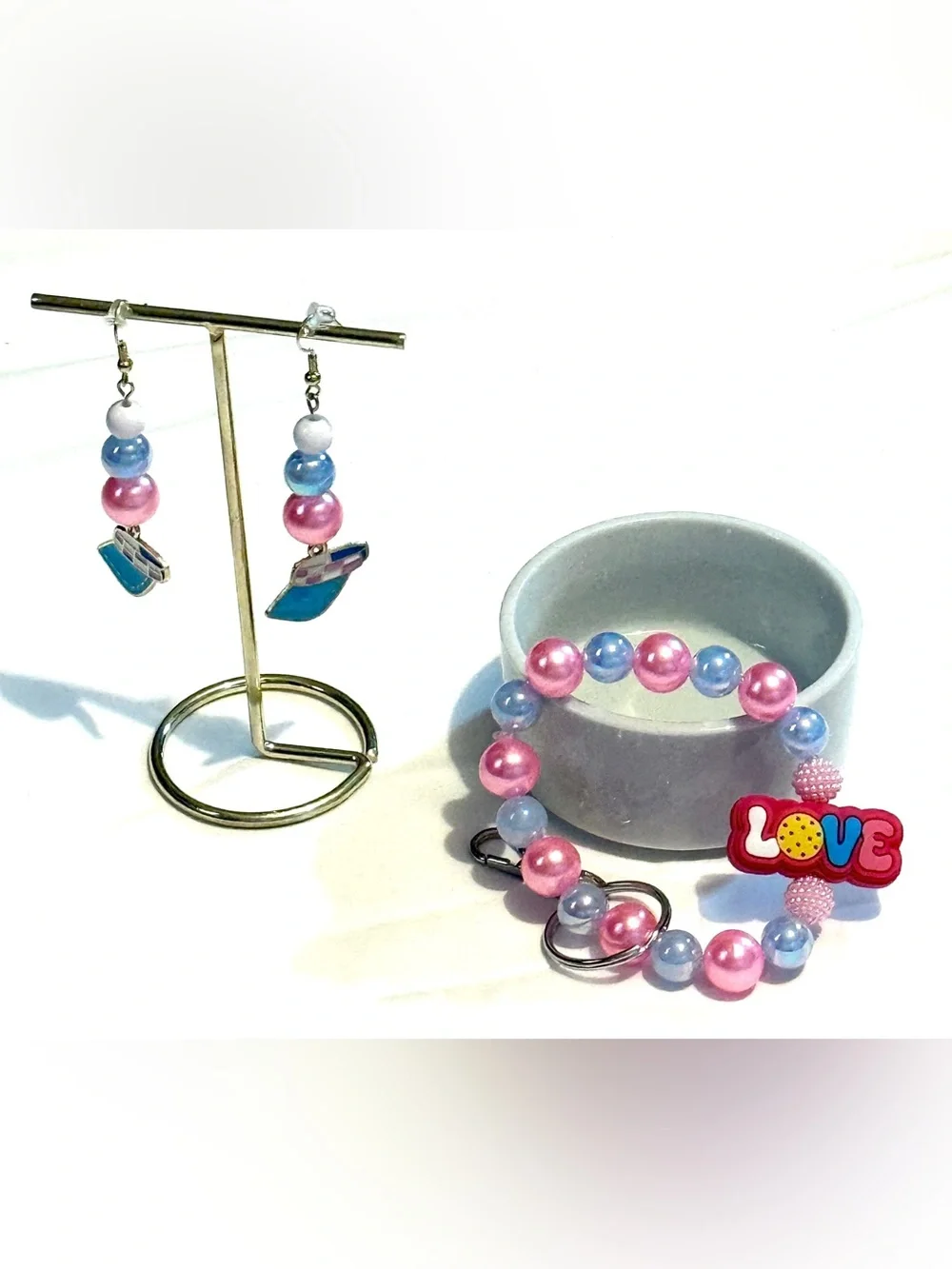 Pickleball Beaded Wristlet Keychain Visor Earrings Set Pink Blue Love